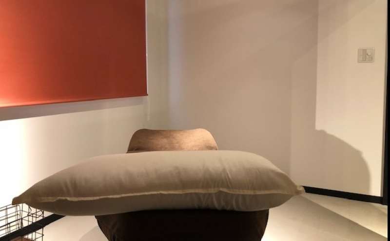 ピンクの壁紙、ロールカーテンがかわいいブースです。