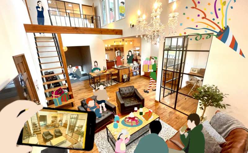 大きな吹き抜けのあるリビング、ダイニング、キッチン