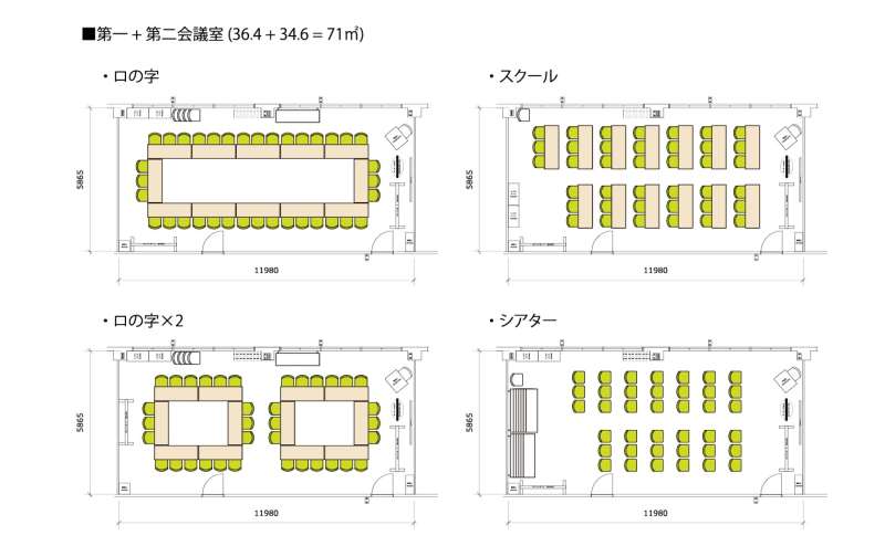 【レイアウト例】最大39名着席可。第一と第二会議室の間の可動壁を開け、1部屋にして使用。予約時に希望レイアウトをお伝えいただければ事前にセッティングいたします。