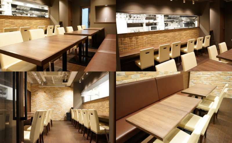 レンガ調の設えと、白と木目調の上品な内装。