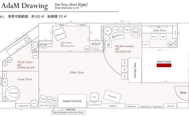 スタジオは南西向き  午前中から夕方までずっと自然光が入ります  図面の左側が南、上が西になります