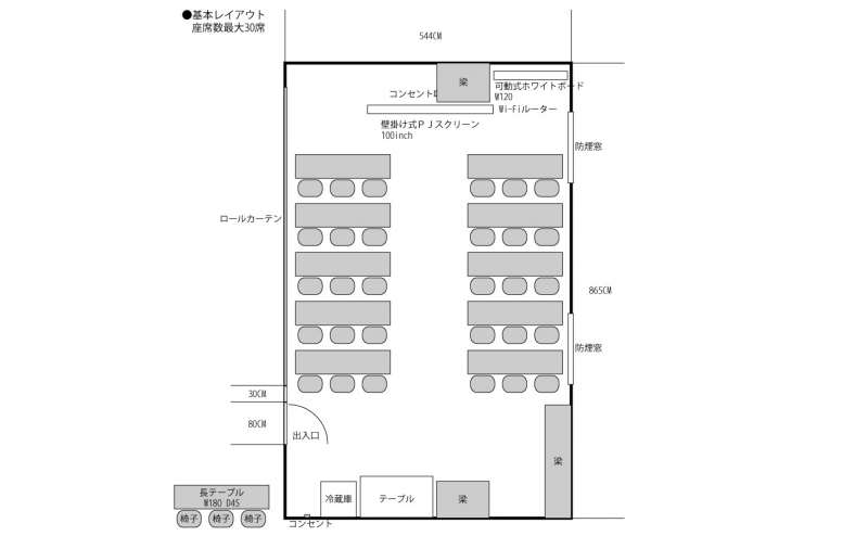 基本レイアウト　座席数3名掛け最大30席