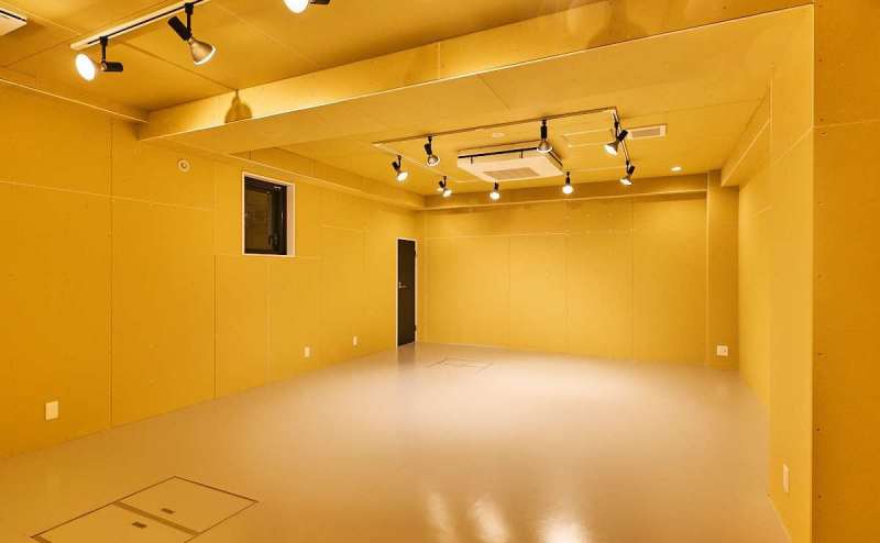 入り口側から見た写真です。奥にあるドアはトイレです。床がリノリウムのため、演劇やダンスなどの稽古におすすめです。大きな音出しも可能です。