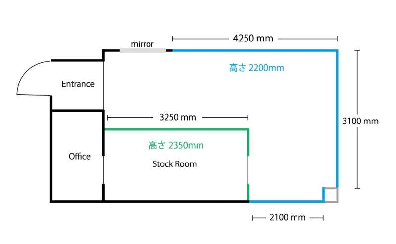 ギャラリー見取り図。スタジオ・ワークショップ使用は1日単位 展覧会・展示会での使用は2日以上のご利用で承っております