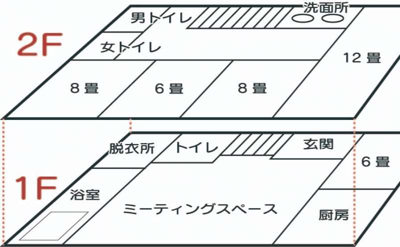 1Fにあるミーティングスペース、和室、2Fトイレは基本料金内でご利用いただけます。