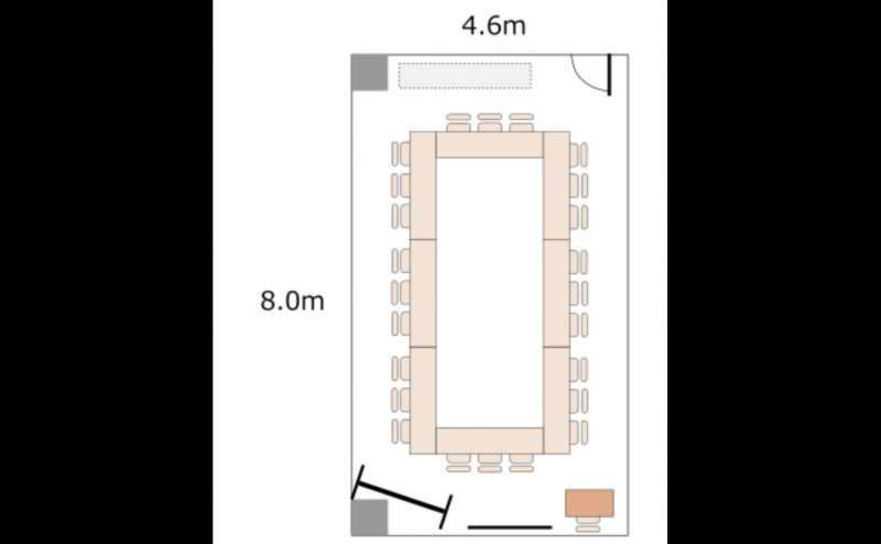ロの字レイアウトの例です。3人掛けで24名、2人掛けで16名、ご着席いただけます
