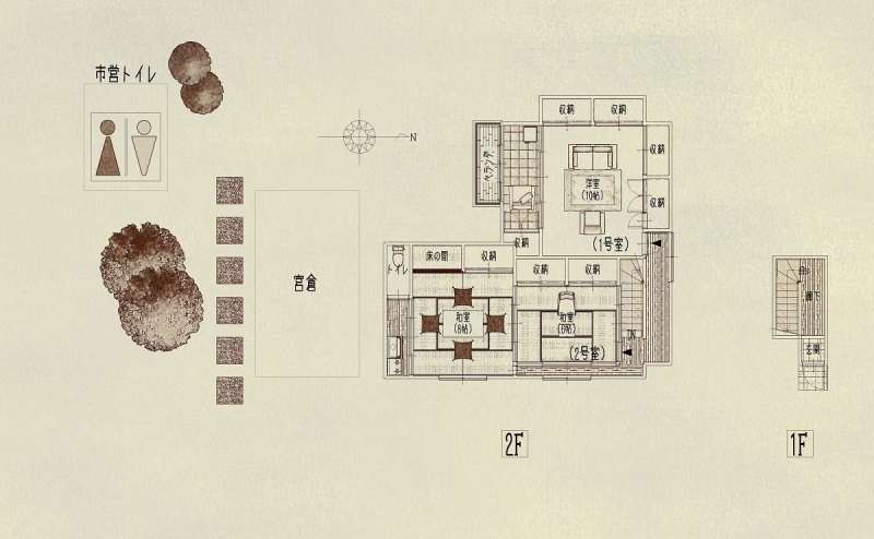 館内図。1号室が洋室、2号室が和室です。2号室は2間続きで広々としています