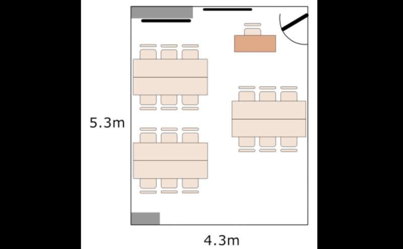 6名×3のグループ形式レイアウト例。講師用テーブルも設置可能です