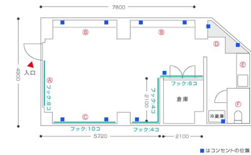 フロアマップです。壁面緑のラインはワイヤー吊り下げも可能です。数値には誤差がある場合があります。あらかじめご了承ください