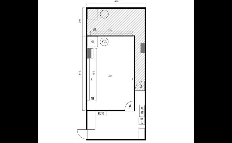 間取り図です。斜線部分が「今池B」です。「今池A」と隣接しています。同時にレンタルすればグループ別練習に便利です