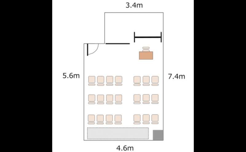 シアター形式のレイアウト。 O-3会議室の最大収容人数21名がご着席いただけます。