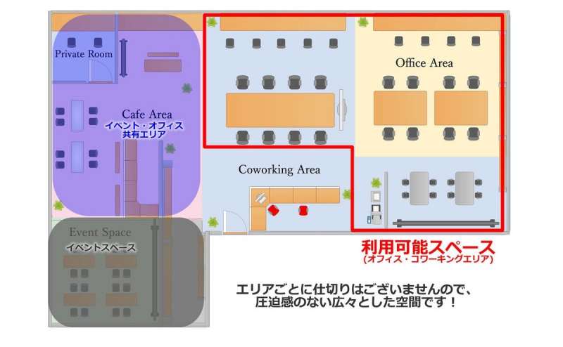 各エリアごとに仕切りはございませんので、 圧迫感のない広々とした空間です！ オフィスエリアプラン（50席）は赤枠内全て利用可能！ ※イベントスペースはご利用いただだけません。