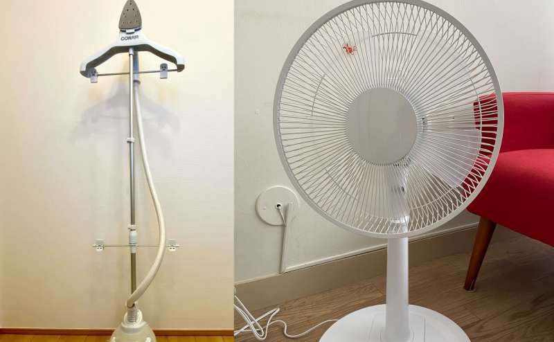 衣類スチーマー組み立て時はこちら。スタンド付きです。扇風機もあります。