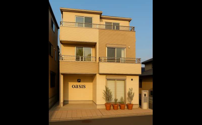 越谷市のレンタルサロン「oasis」の建物外観です。1階が完全個室の施術スペースとなっており、落ち着いた環境でご利用いただけます。