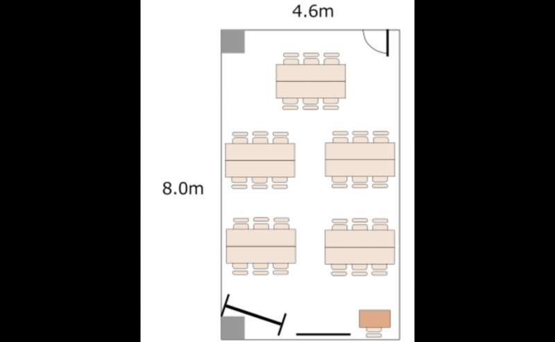 グループ形式のレイアウト例です。3人掛けで30名、2人掛けで20名ご着席いただけます