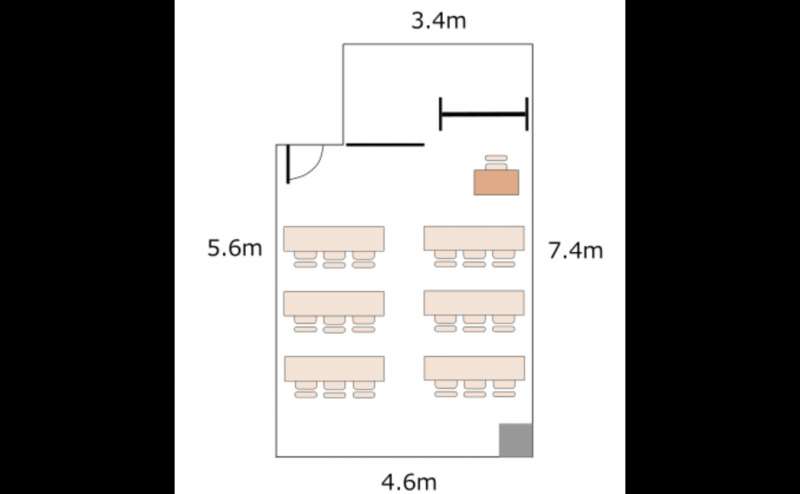 スクール形式のレイアウト。3人掛けで18名、2人掛けで12名がご着席いただけます